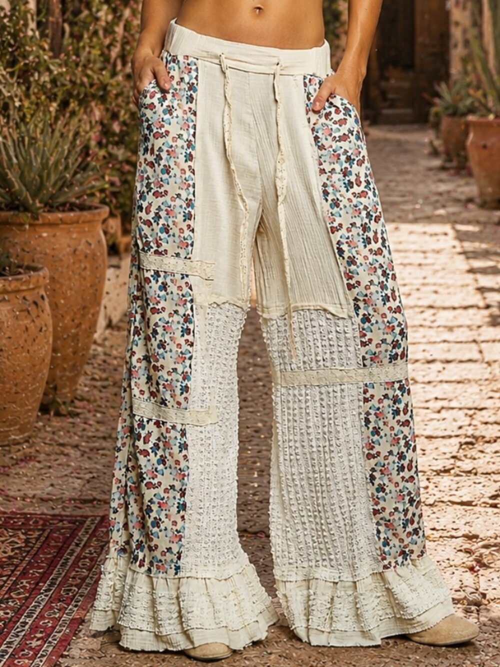POL NWT Floral Ruffle Gauze Lace Trim Wide Leg 70s Boho Palazzo Patchwork Pants